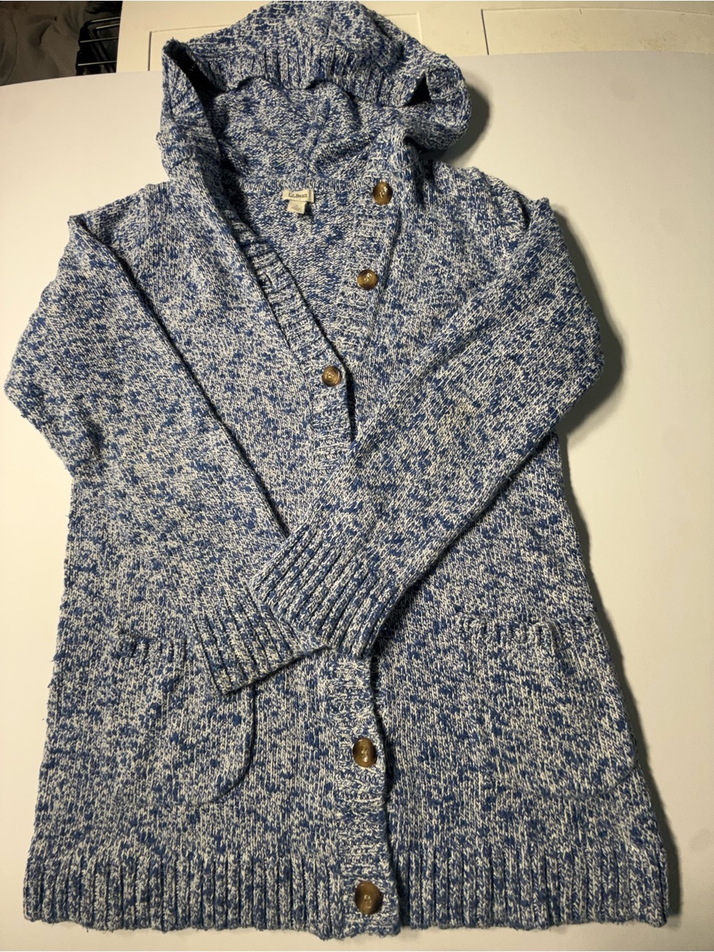 LL Bean Cozy Hooded Marled Blue Button-Up Sweater Size small